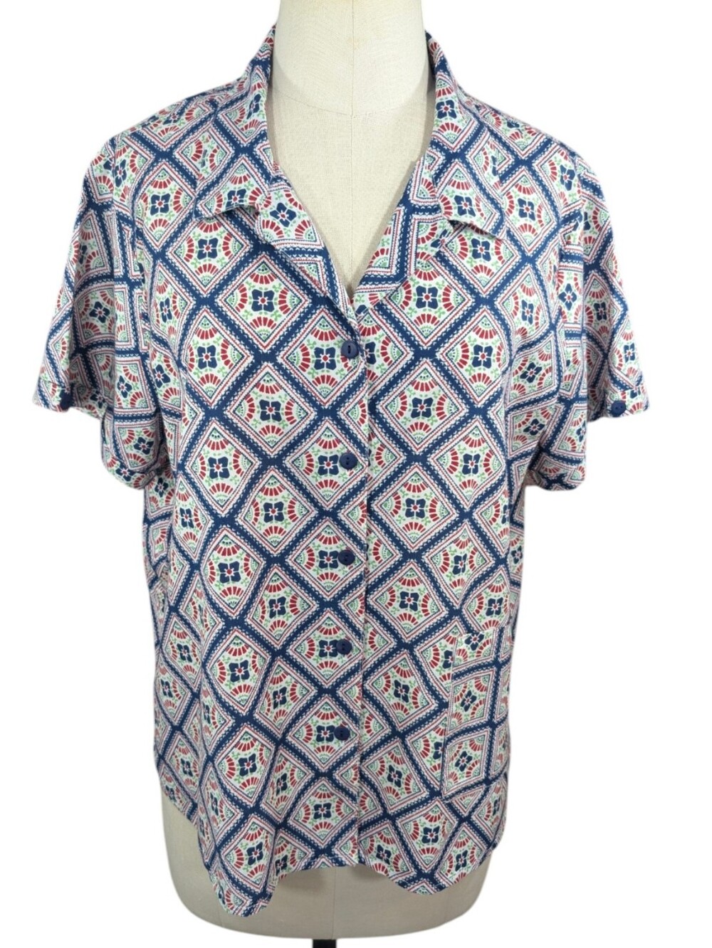 April Cornell Spanish Fan Camp Short Sleeve Cotton Button Up Blouse. Large.